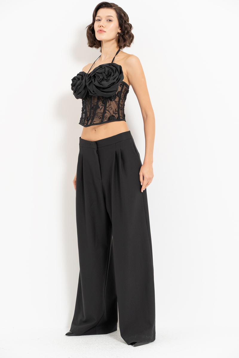 Wholesale Black Pleated Loose-Fit Pants