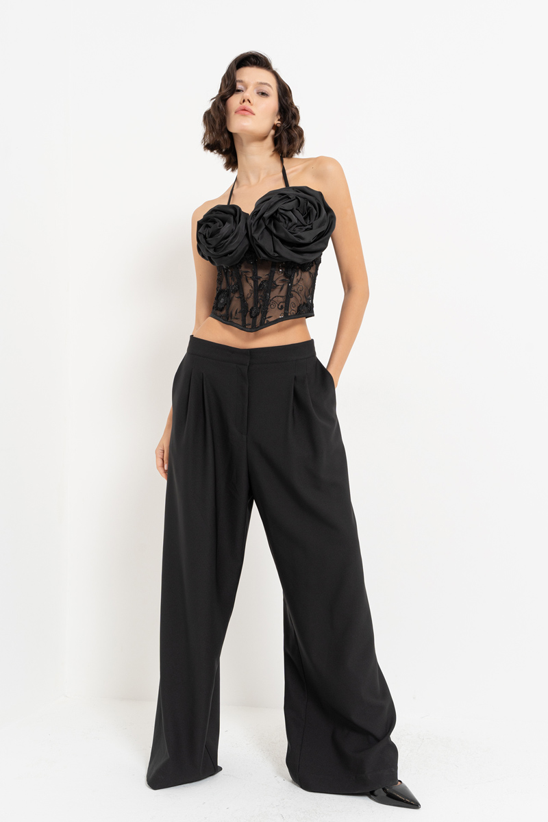 Black Pleated Loose-Fit Pants