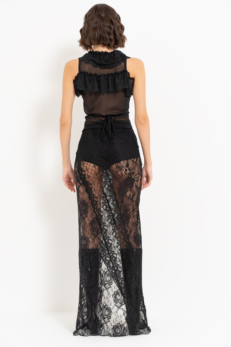 Wholesale Black Elastic-Waist Lace Skirt