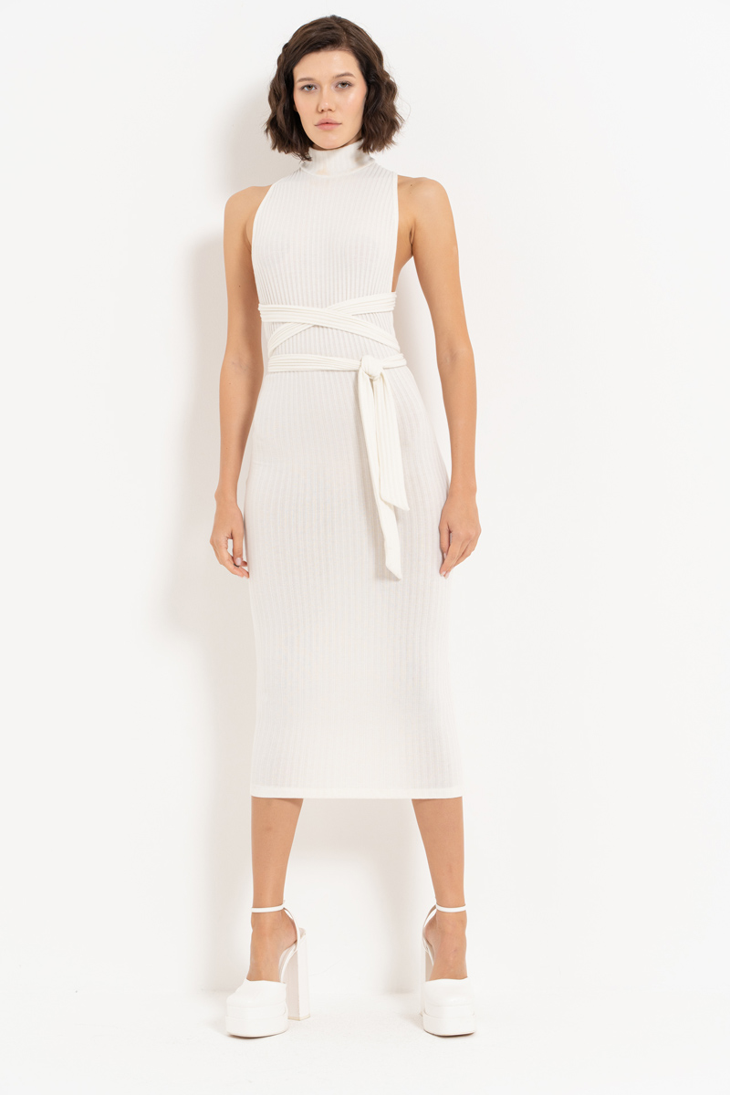 Turtle Neck Offwhite Sleeveless Midi Dress