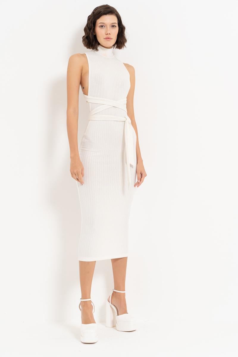 Turtle Neck Offwhite Sleeveless Midi Dress