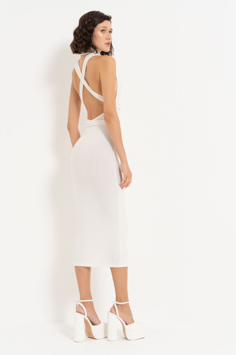 Turtle Neck Offwhite Sleeveless Midi Dress