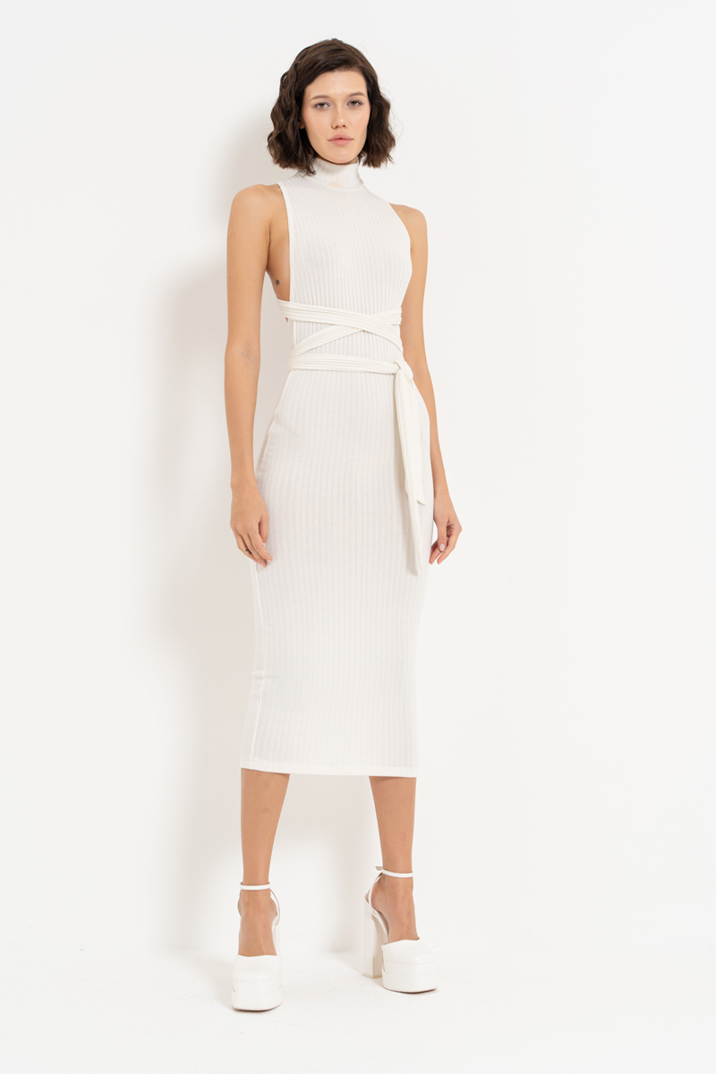 Turtle Neck Offwhite Sleeveless Midi Dress