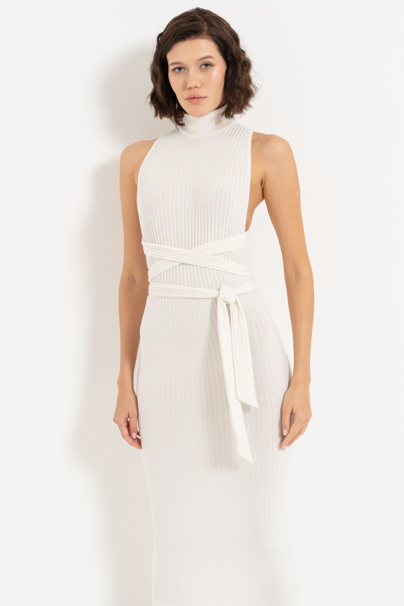 Turtle Neck Offwhite Sleeveless Midi Dress