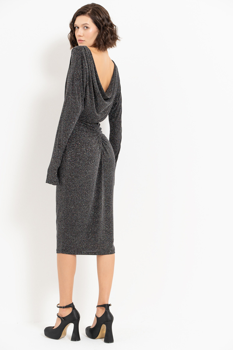 Wholesale Glittery Black-Silver Cowl-Back Ruched Dress