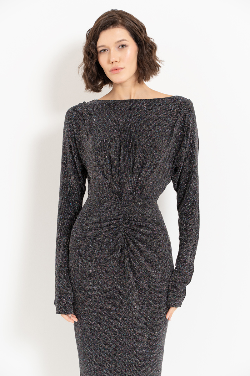 Wholesale Glittery Black-Silver Cowl-Back Ruched Dress