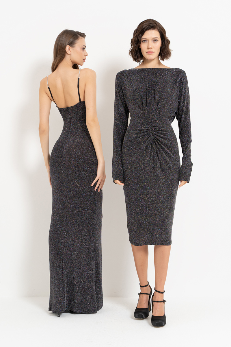 Glittery Black-Silver Cowl-Back Ruched Dress
