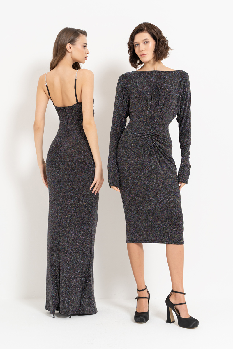 Glittery Black-Silver Cowl-Back Ruched Dress