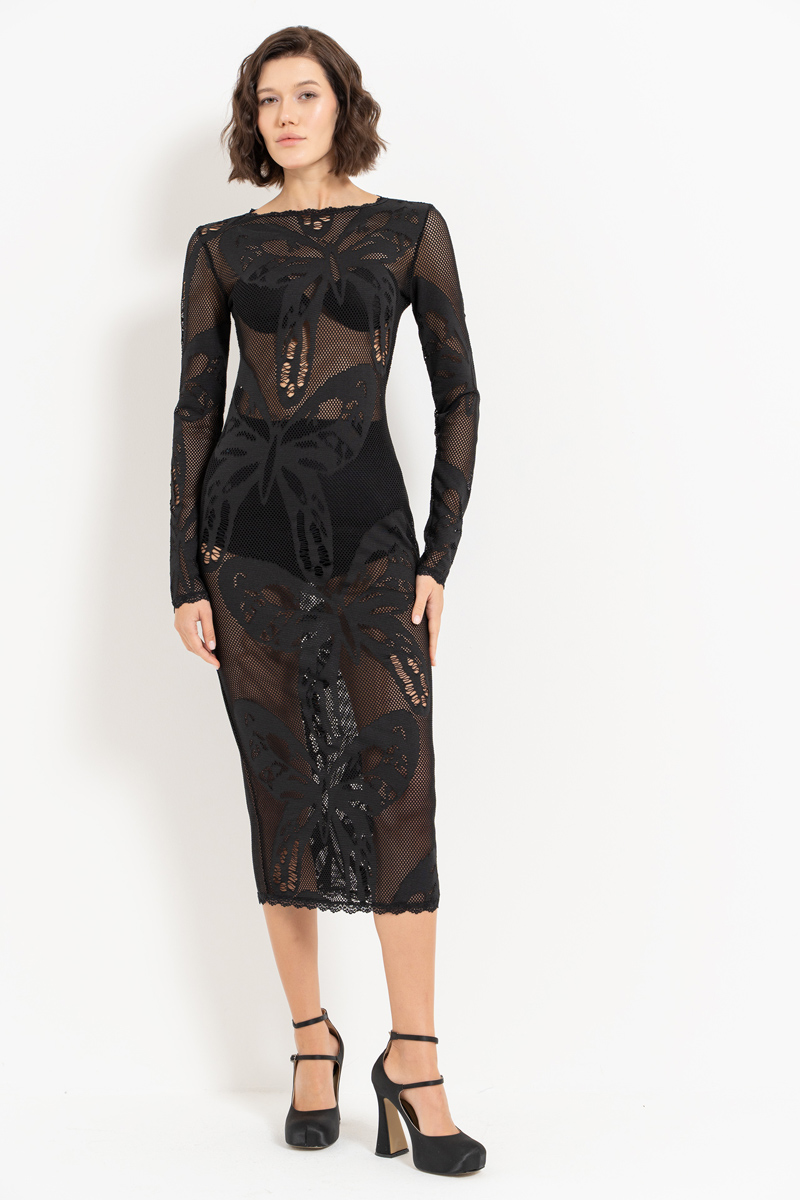 Wholesale Black Long-Sleeve Net Midi Dress