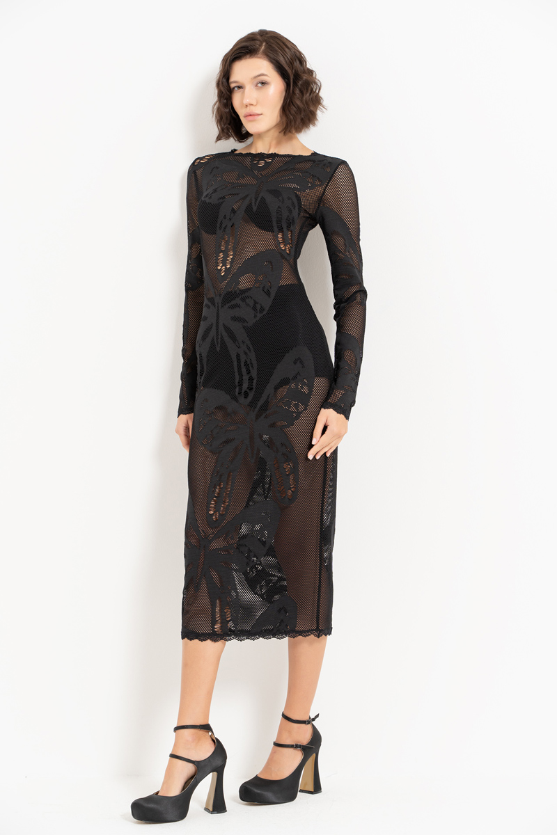 Black Long-Sleeve Net Midi Dress