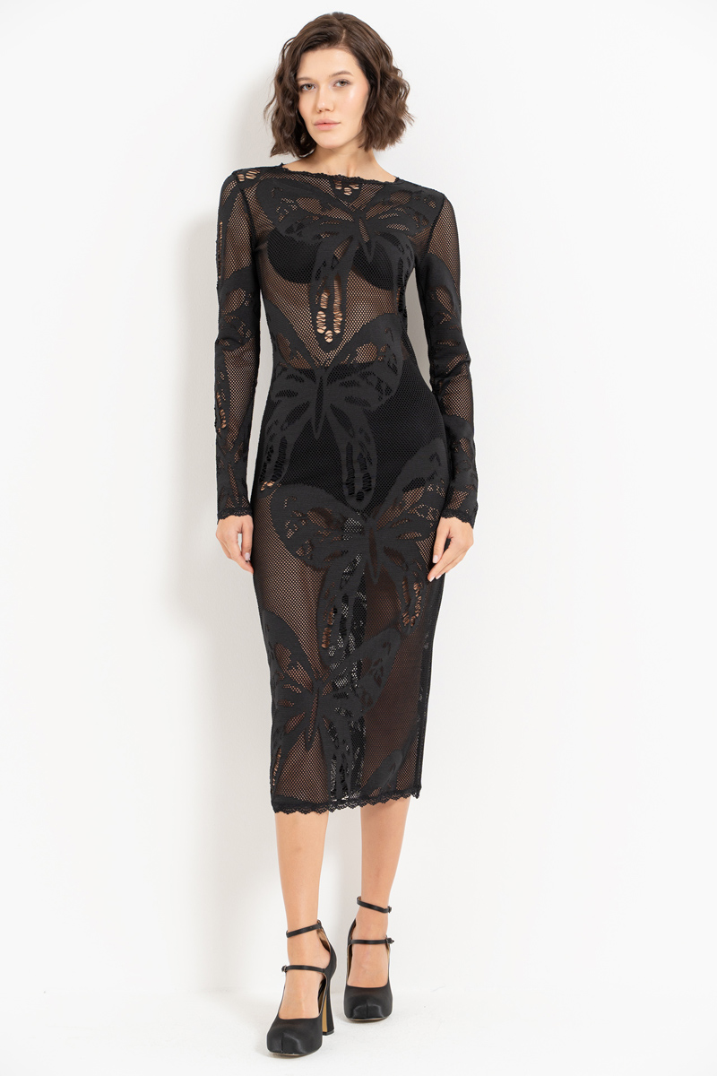 Black Long-Sleeve Net Midi Dress