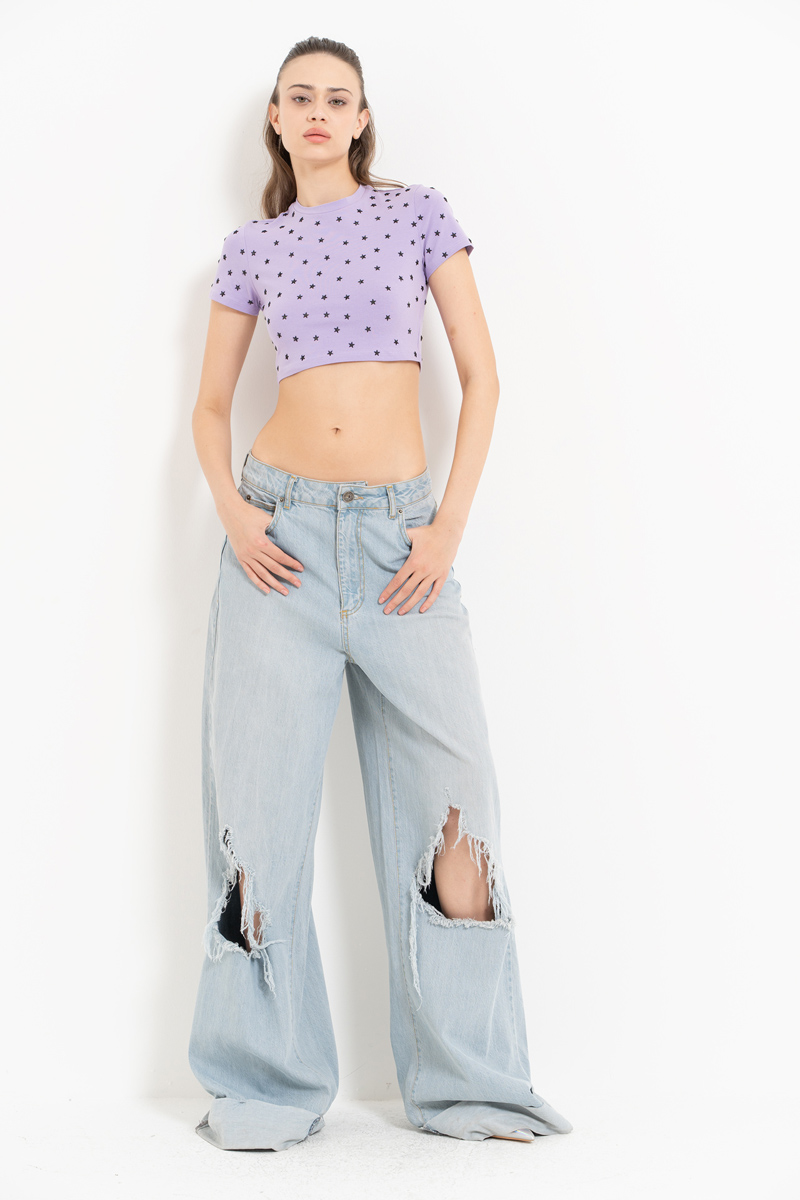 Wholesale New Lilac Embellished Crop T-Shirt