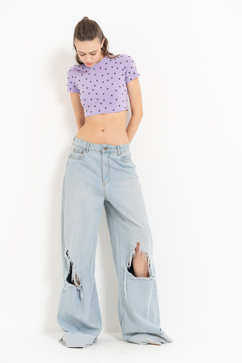 New Lilac Embellished Crop T-Shirt