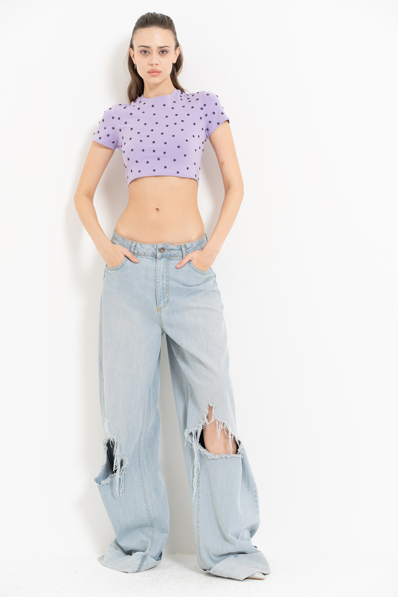 Wholesale New Lilac Embellished Crop T-Shirt