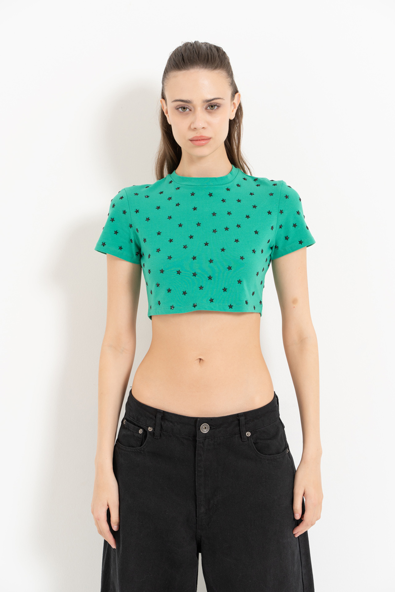 Yeni Yeşil Yıldızlı Crop T-Shirt