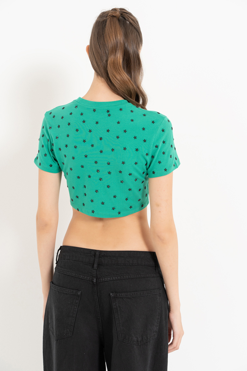 Toptan Yeni Yeşil Yıldızlı Crop T-Shirt