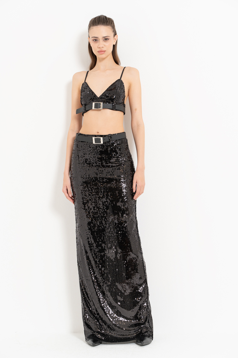 Wholesale Black Belt-Accent Crop Cami & Maxi Skirt Set
