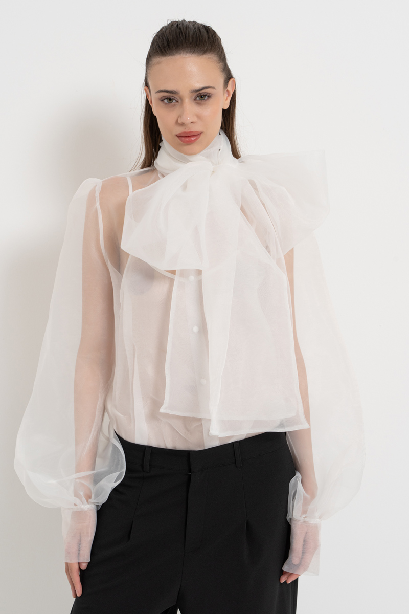 Offwhite Tie-Neck Organza Shirt