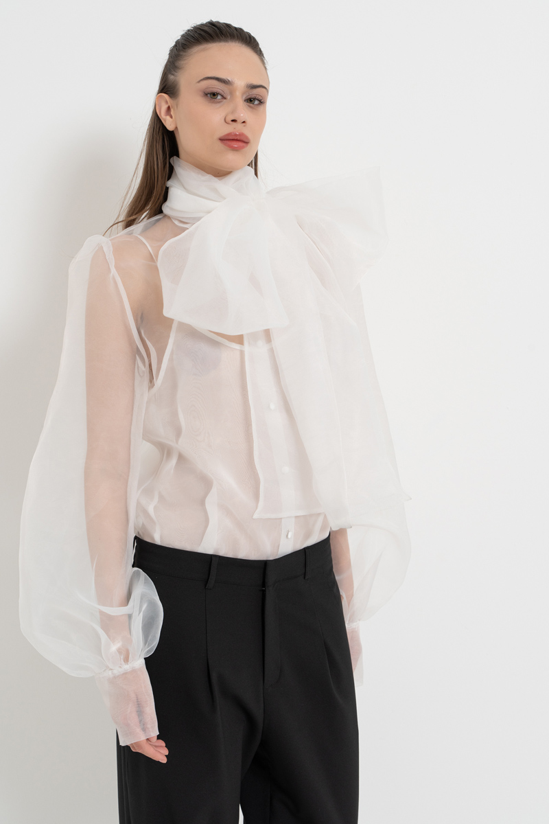 Offwhite Tie-Neck Organza Shirt