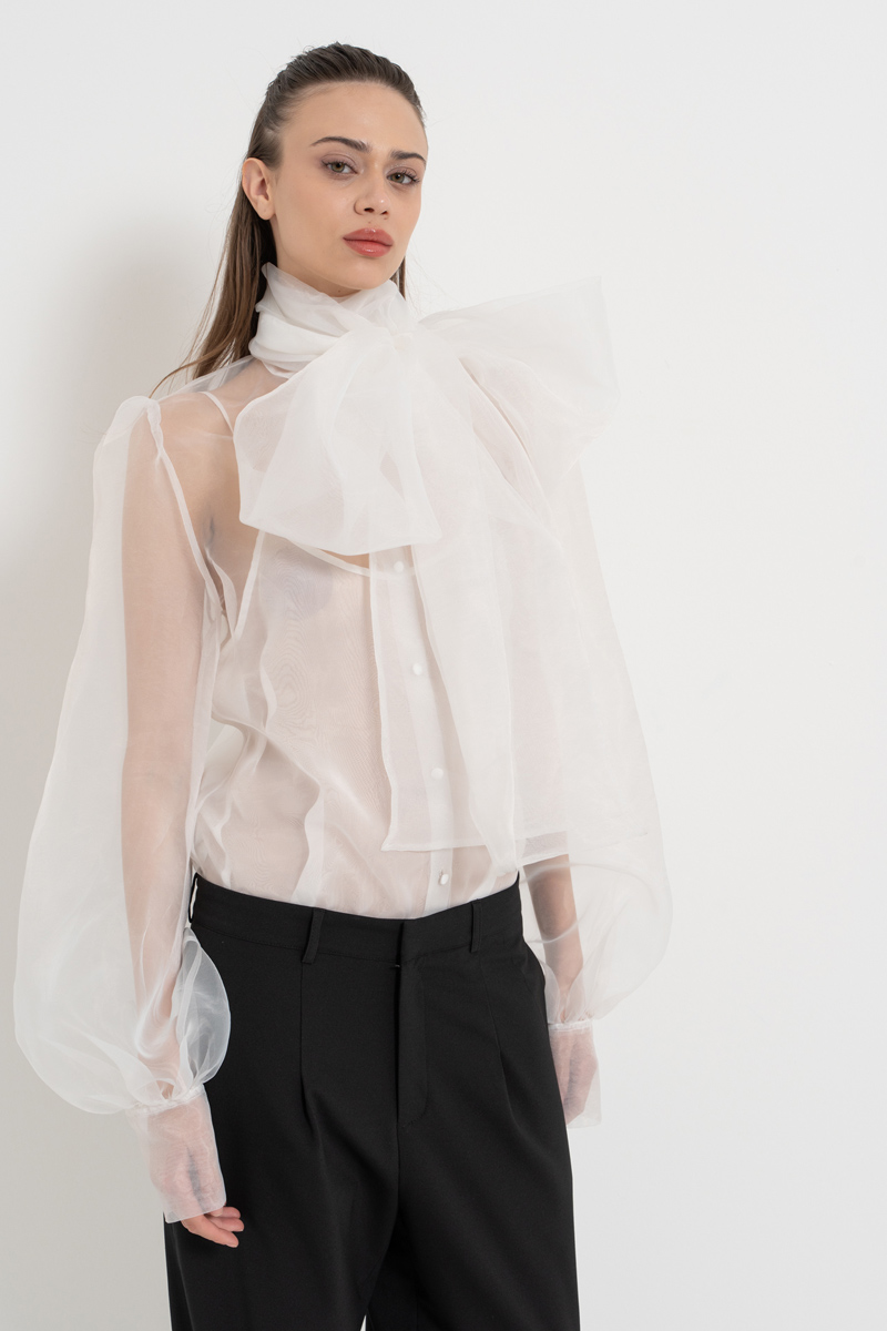 Offwhite Tie-Neck Organza Shirt