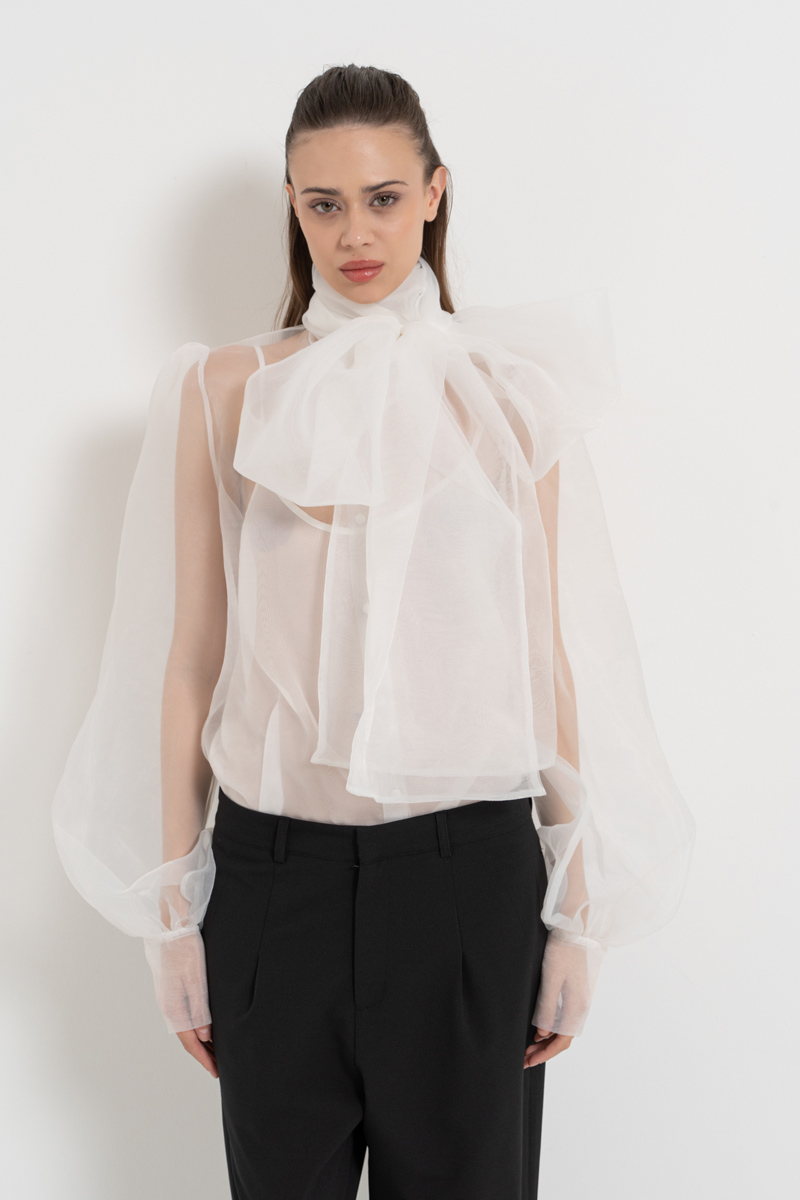 Offwhite Tie-Neck Organza Shirt