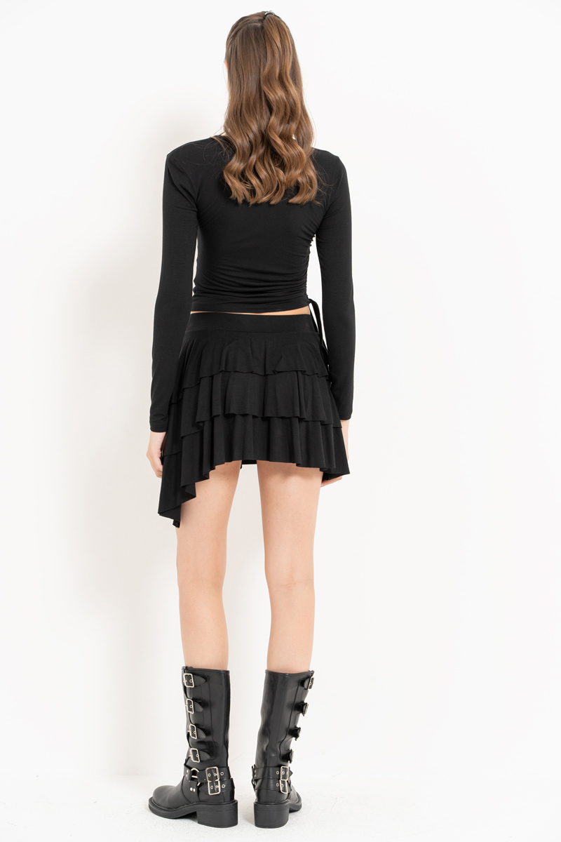 Wholesale Black Strappy Long-Sleeve Top & Mini Skirt Set
