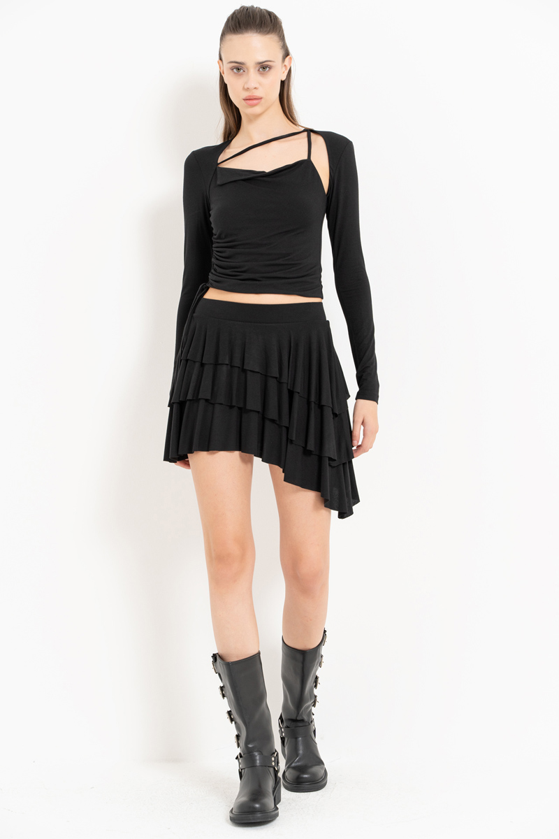 Wholesale Black Strappy Long-Sleeve Top & Mini Skirt Set
