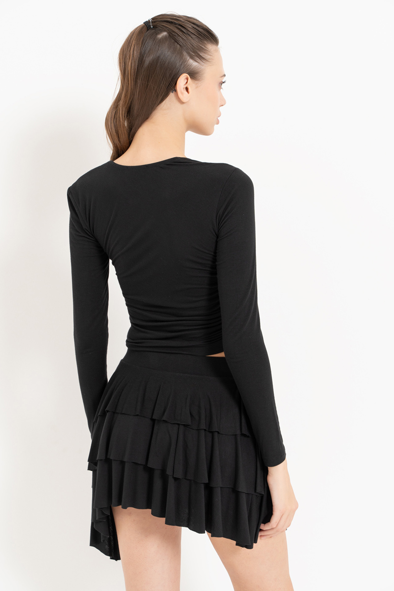 Toptan Siyah Askı Detaylı Uzun Kol Bluz & Mini Etek Takım
