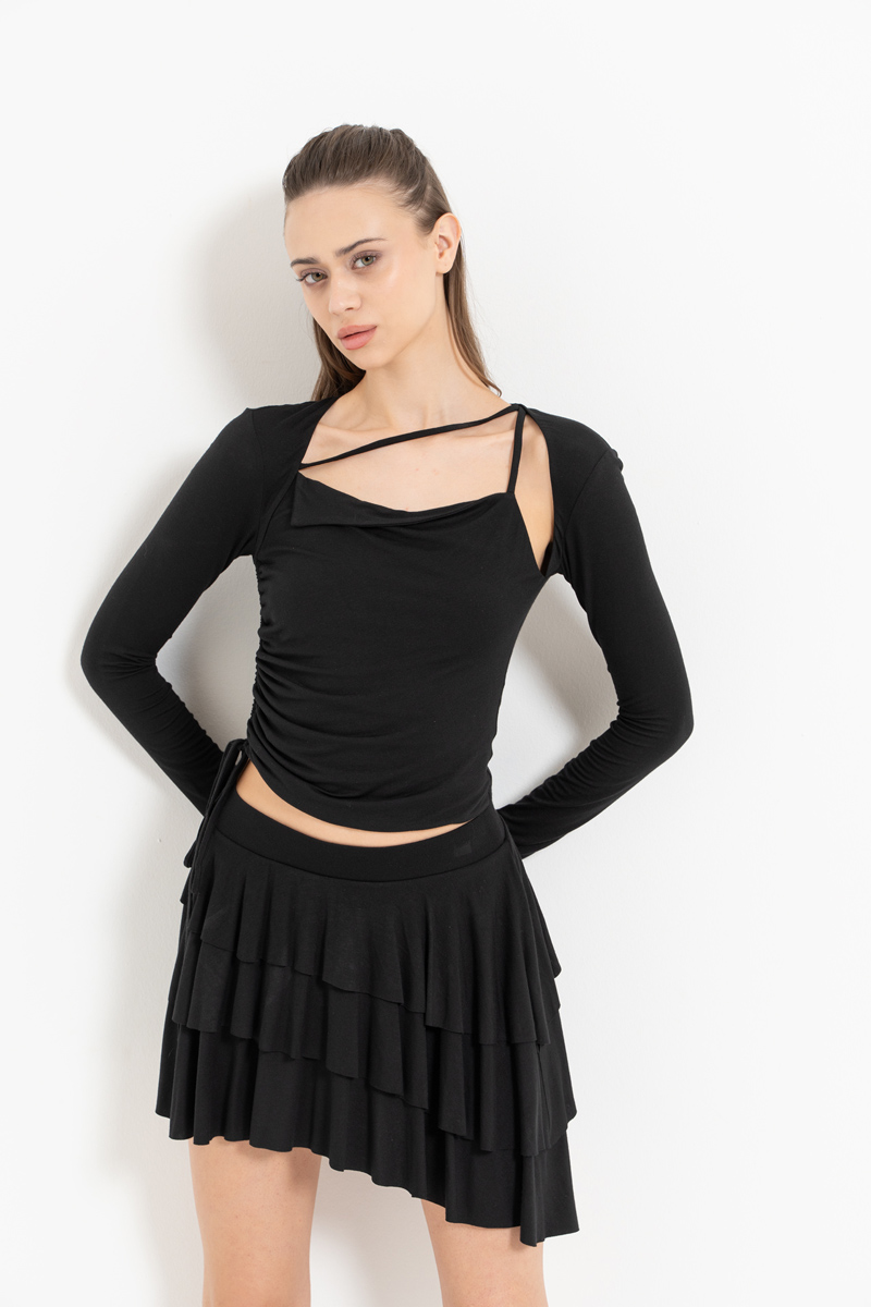 Black Strappy Long-Sleeve Top & Mini Skirt Set