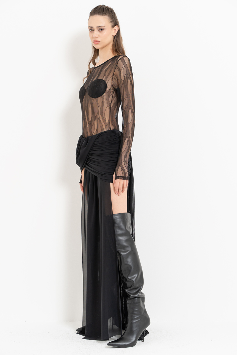 Wholesale Black Mesh-Accent Mini Skirt