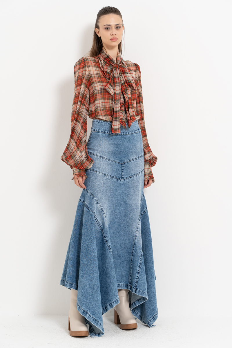 Wholesale Blue Pieced Denim Maxi Skirt