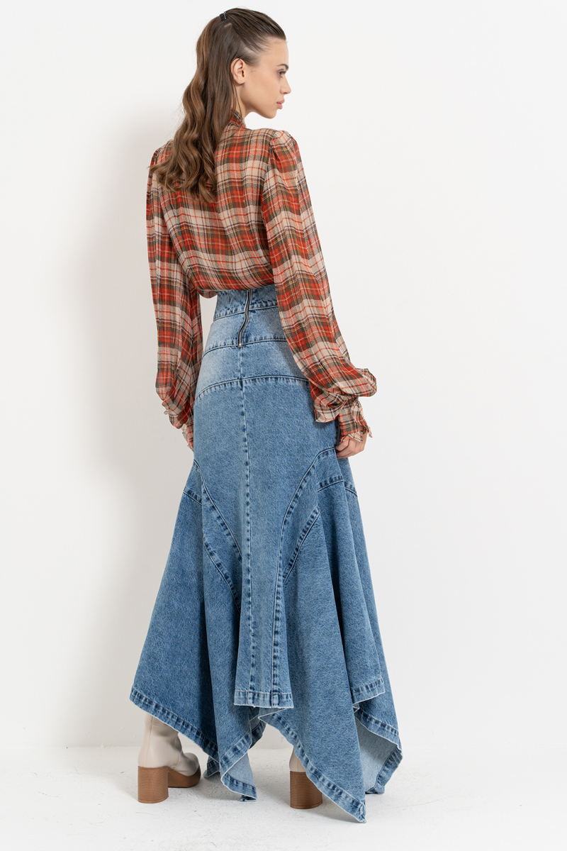 Wholesale Blue Pieced Denim Maxi Skirt