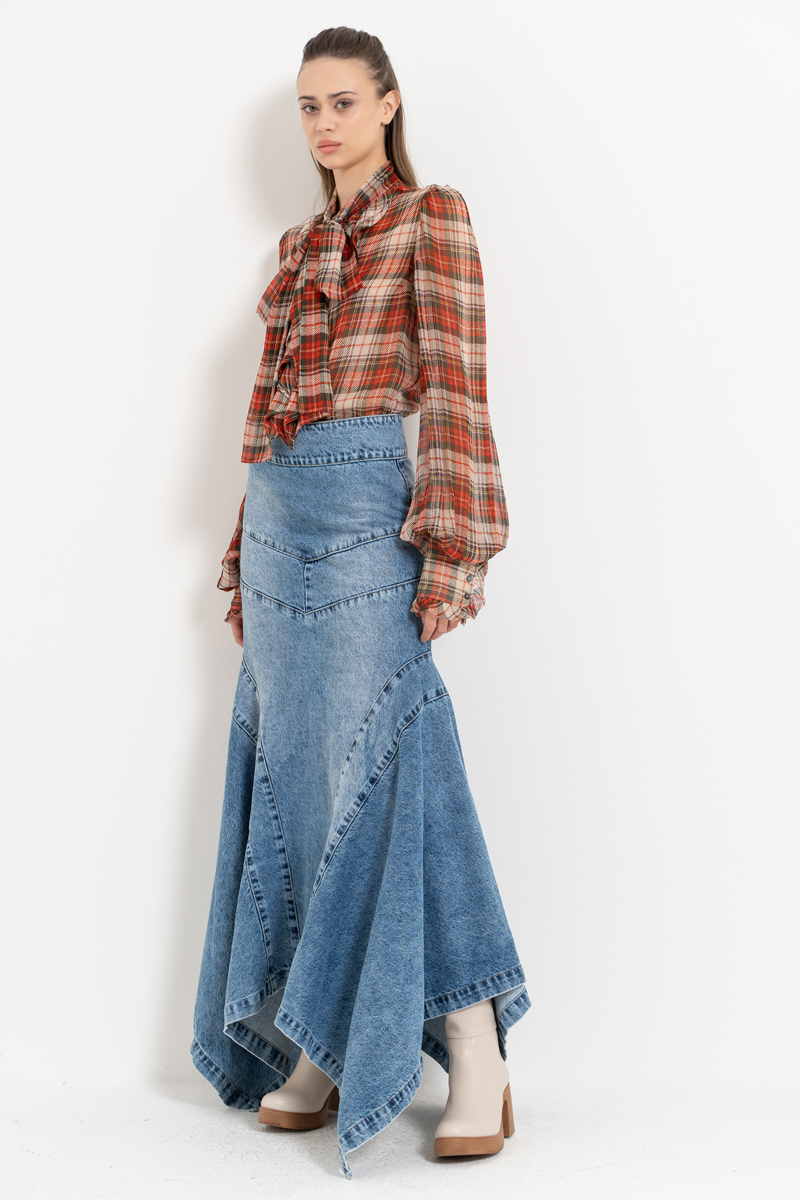 Wholesale Blue Pieced Denim Maxi Skirt