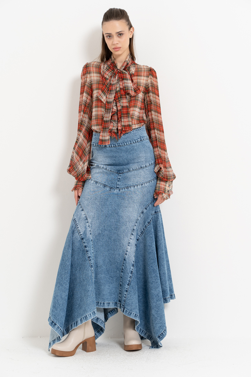 Wholesale Blue Pieced Denim Maxi Skirt