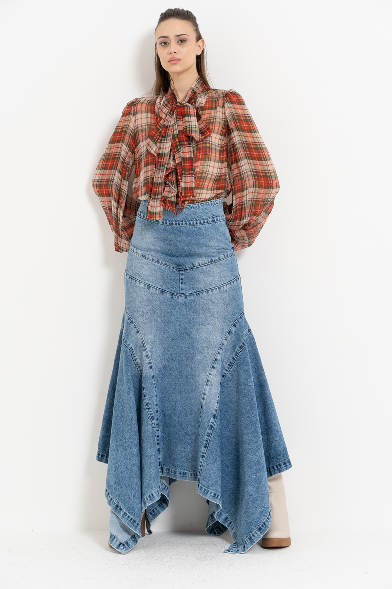 Wholesale Blue Pieced Denim Maxi Skirt