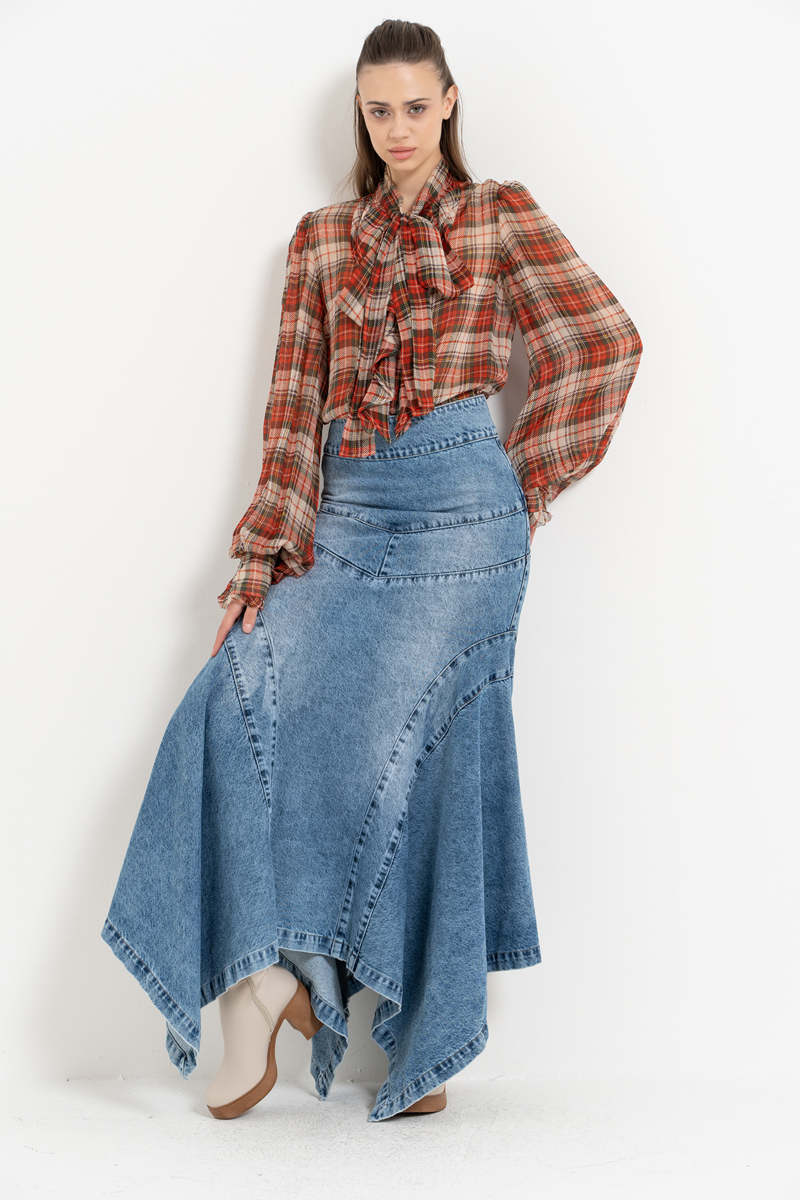 Wholesale Blue Pieced Denim Maxi Skirt