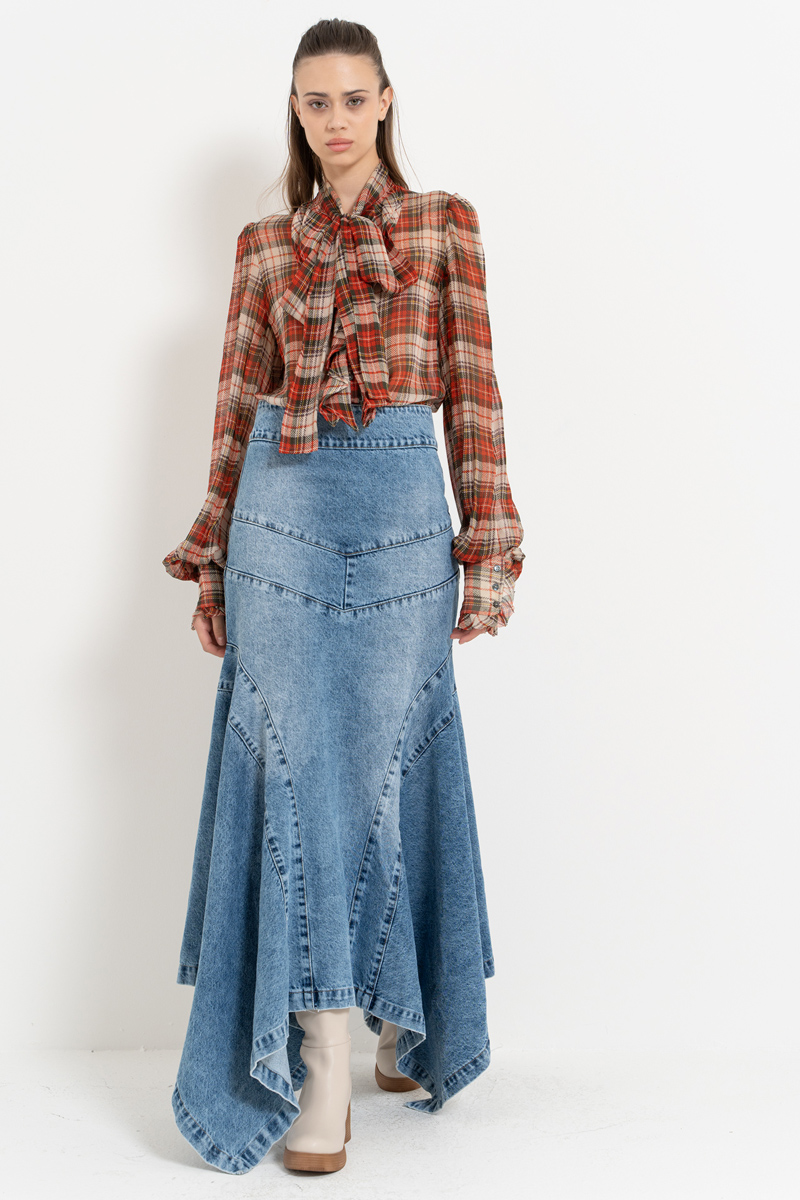 Wholesale Blue Pieced Denim Maxi Skirt