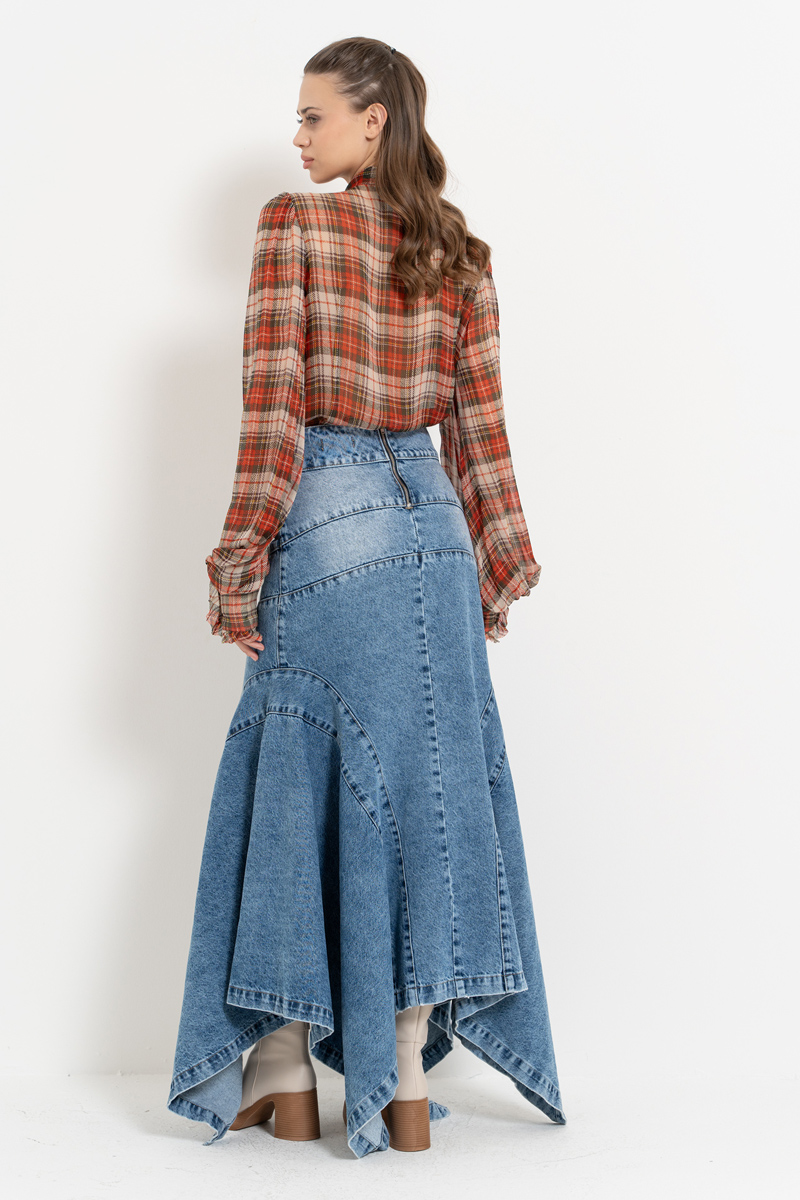 Wholesale Blue Pieced Denim Maxi Skirt