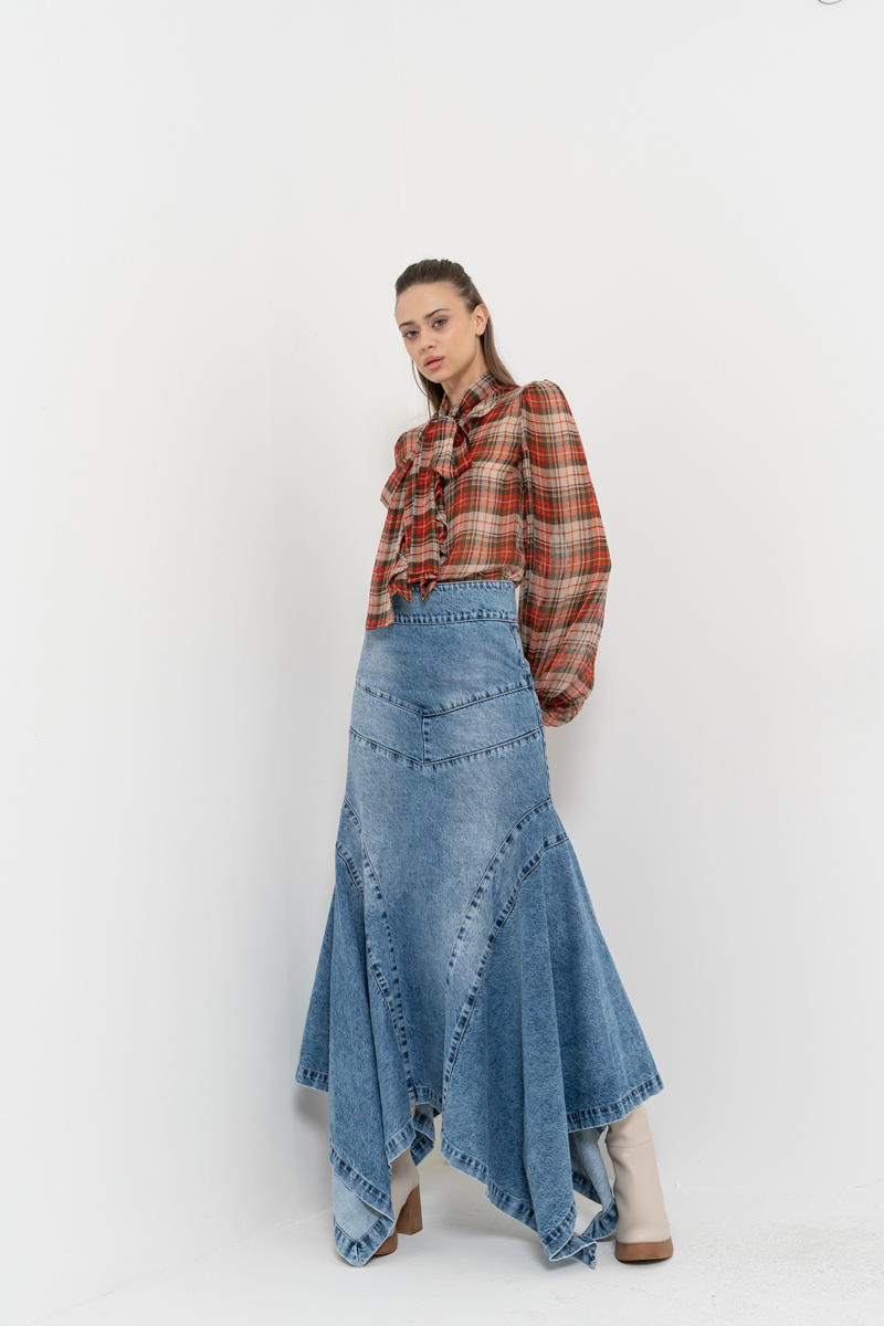 Wholesale Blue Pieced Denim Maxi Skirt