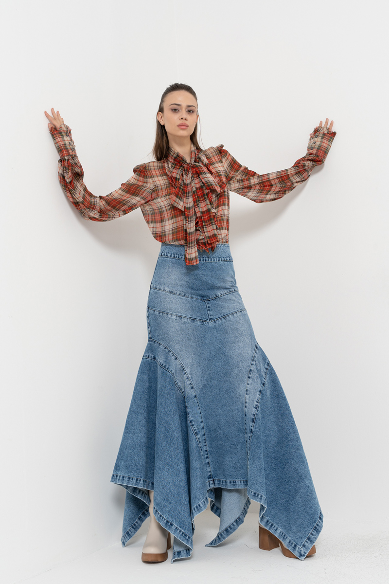 Blue Pieced Denim Maxi Skirt