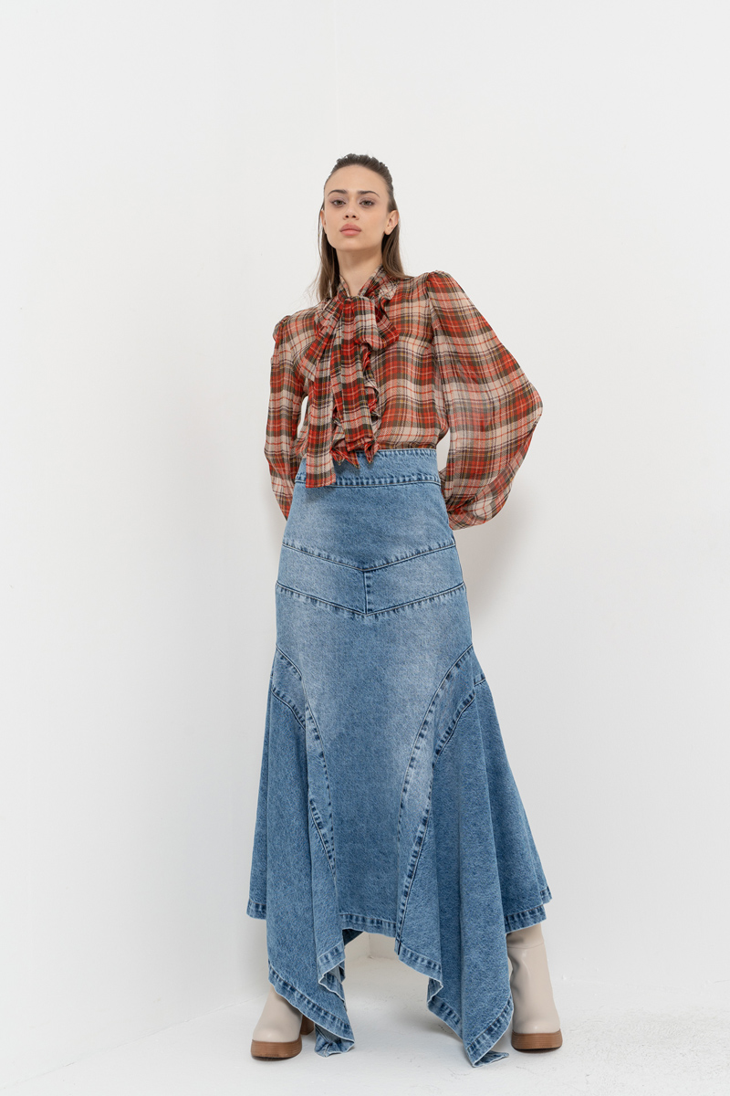 Wholesale Blue Pieced Denim Maxi Skirt