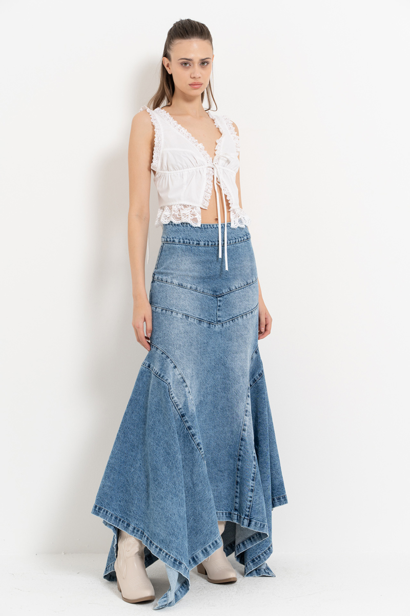 Wholesale Blue Pieced Denim Maxi Skirt