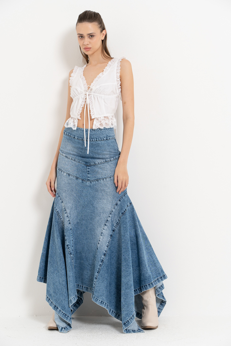 Wholesale Blue Pieced Denim Maxi Skirt