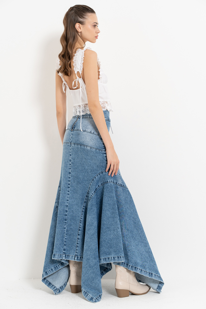 Wholesale Blue Pieced Denim Maxi Skirt