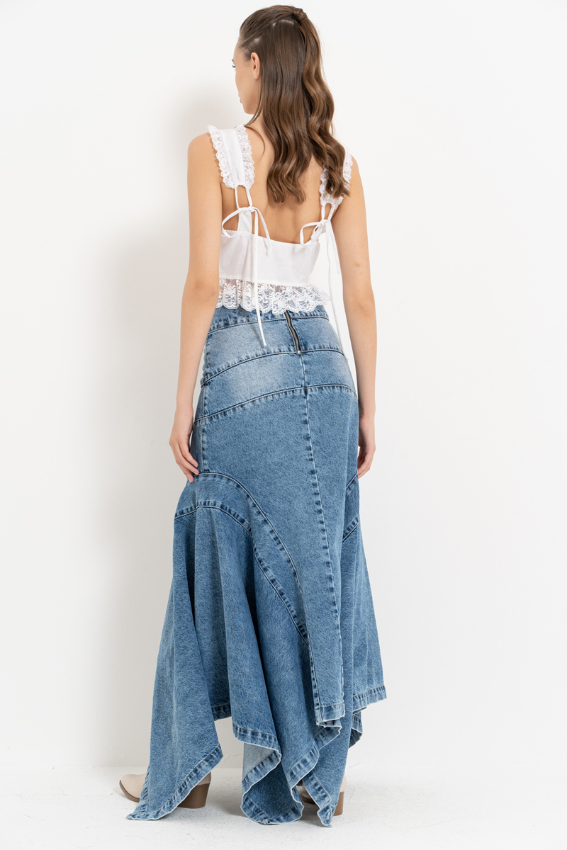 Wholesale Blue Pieced Denim Maxi Skirt