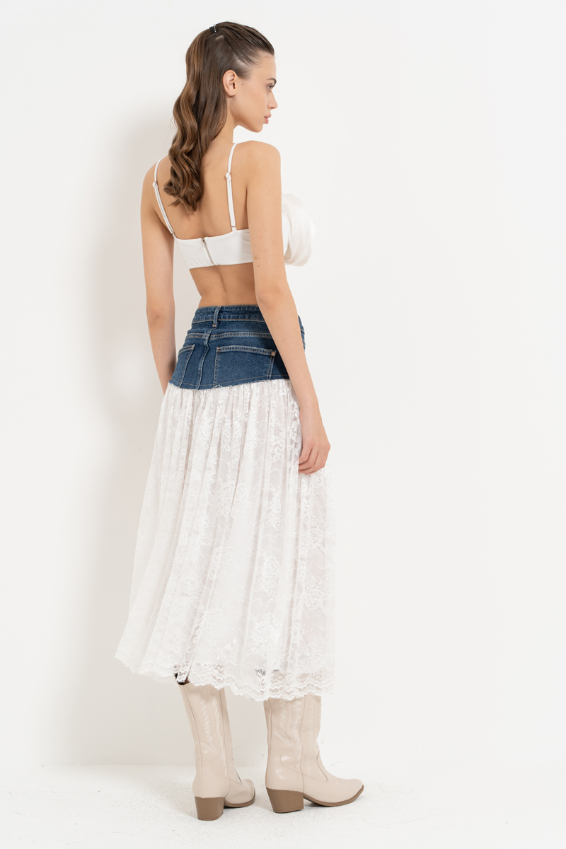 Wholesale Dark Blue-Offwhite Lace-Insert Denim Skirt