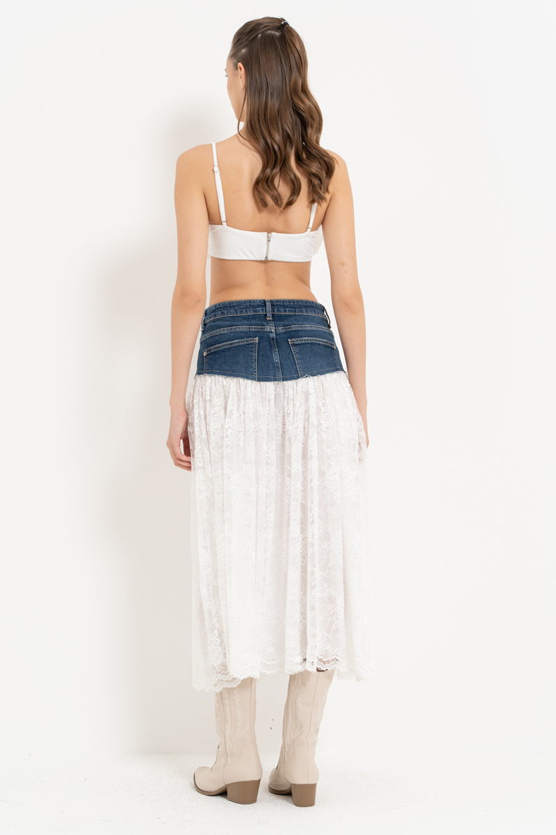 Wholesale Dark Blue-Offwhite Lace-Insert Denim Skirt