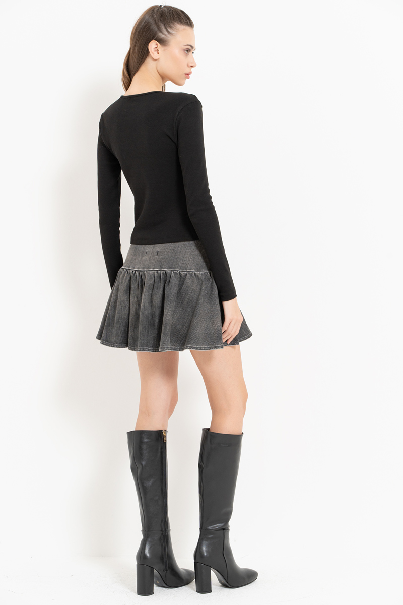 Antrasit Ruched Denim Mini Skirt