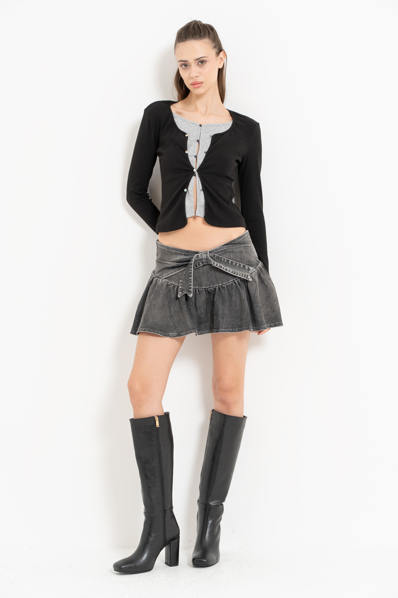 Antrasit Ruched Denim Mini Skirt