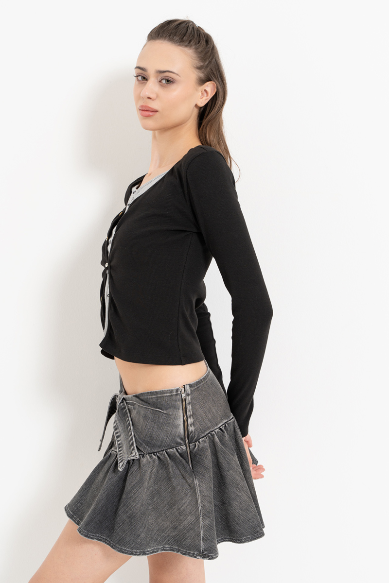 Antrasit Ruched Denim Mini Skirt